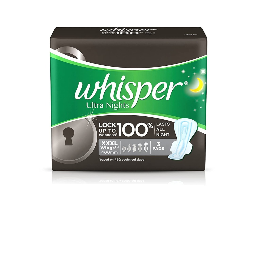 Whisper Ultra Nights Sanitary Pads with Wings, 3 Pieces (XXXL)