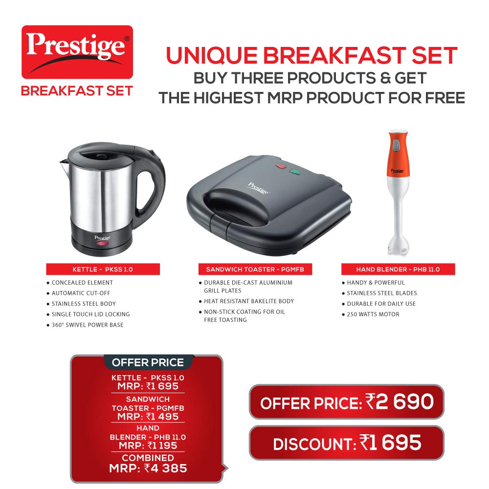 Prestige Breakfast Set PBS 01 - Electric Kettle, Sandwich Toaster and Hand Blender, Black