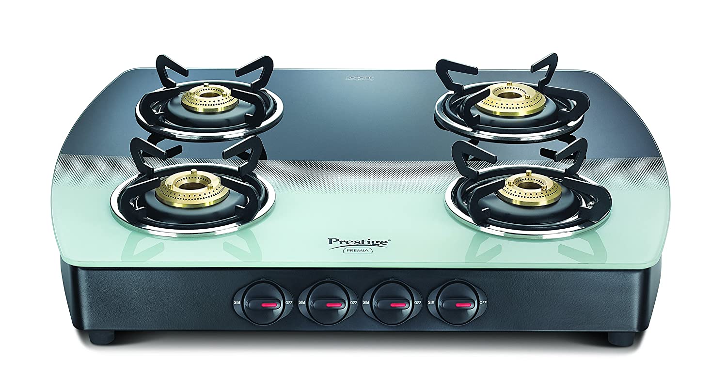 Prestige Premia Glass 4 Burner Gas Stove, Black and White