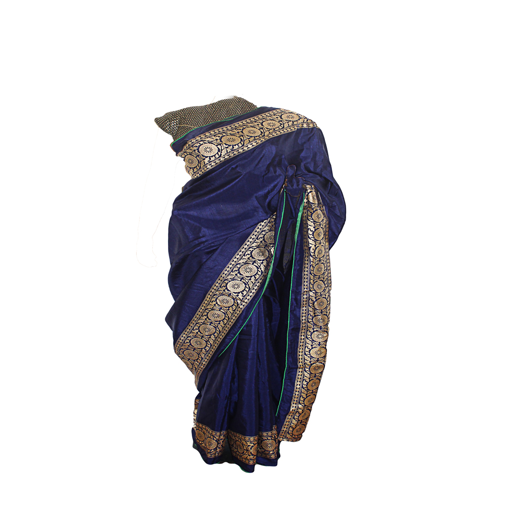 Trendy Golden Print Silk Blue Color Designer Saree