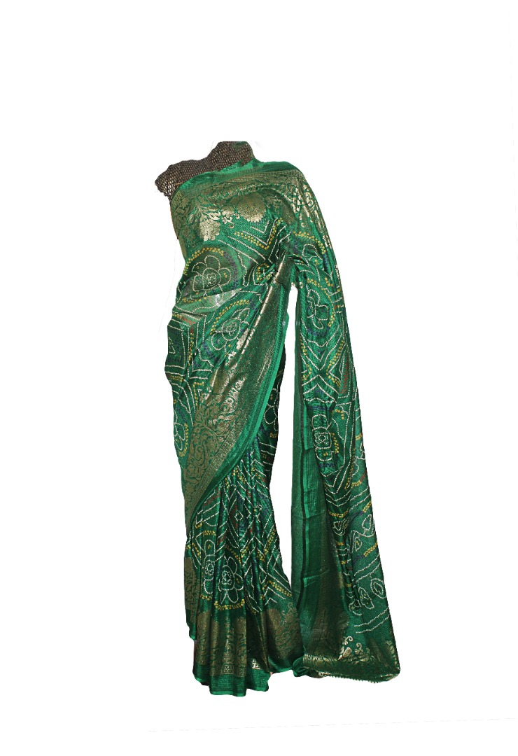 Trendy Bandhani Bandhej Golden Border Kota Doria Dark Green Color Sari