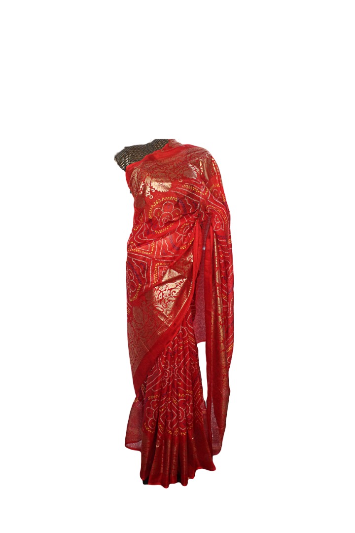 Trendy Bandhani Bandhej Golden Border Kota Doria Red Color Sari