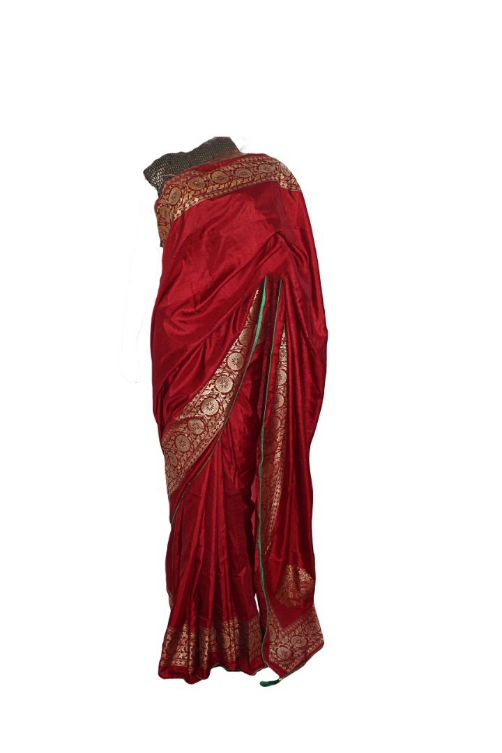 Trendy Golden Print Silk Red Color Designer Sari