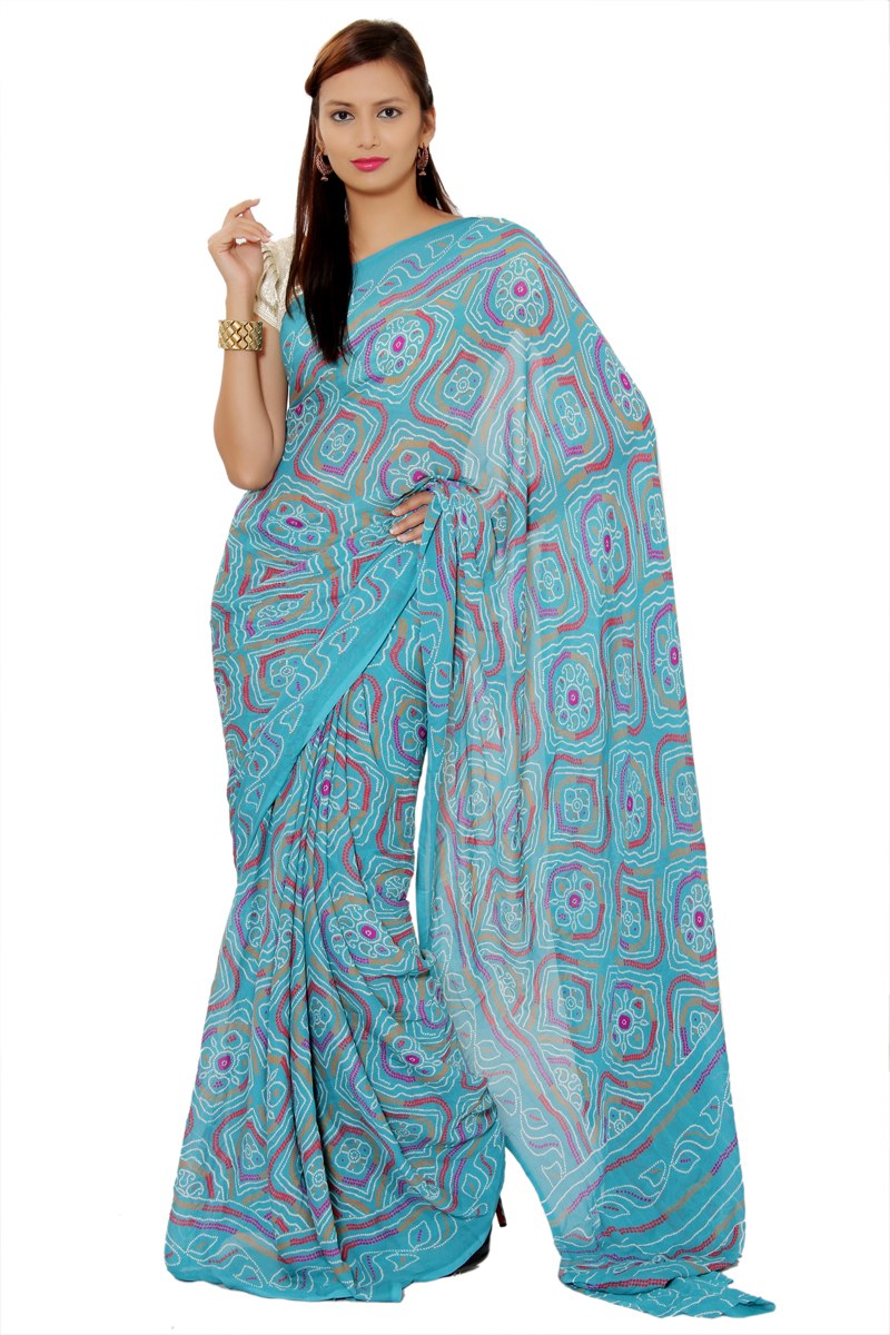 Sky Blue Color Crepe Bandhani Bandhej Chunri Saree