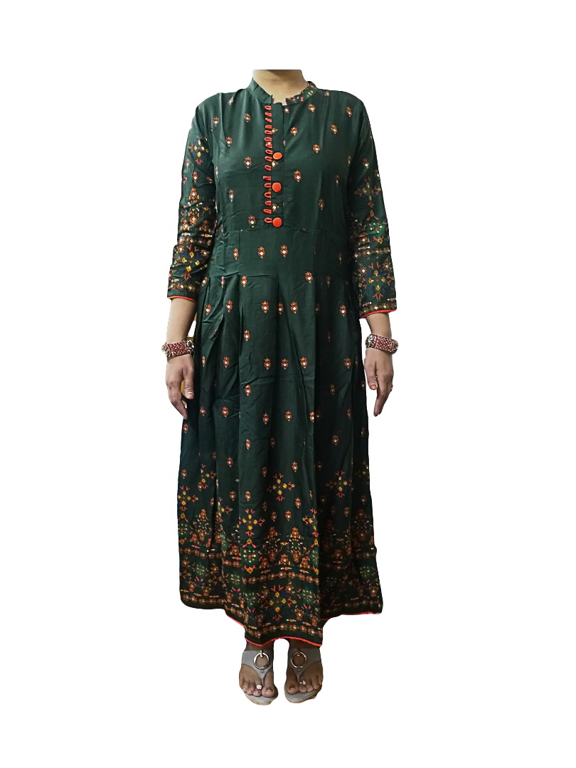 Trendy-Green-Color-Printed-Long-Designer-Rayon-Kurti