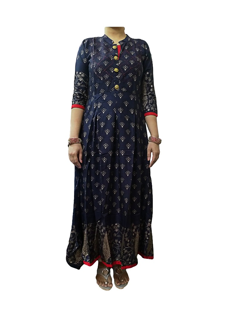 Trendy-Golden-Print-Blue-Color-Long-Designer-Rayon-Kurti