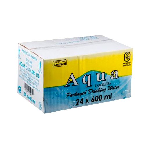 Box of 24 600ml bottles of Aqu coolers pure drinking water