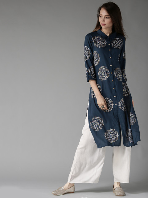 HERE&NOW Women Navy Blue Printed Straight Kurta