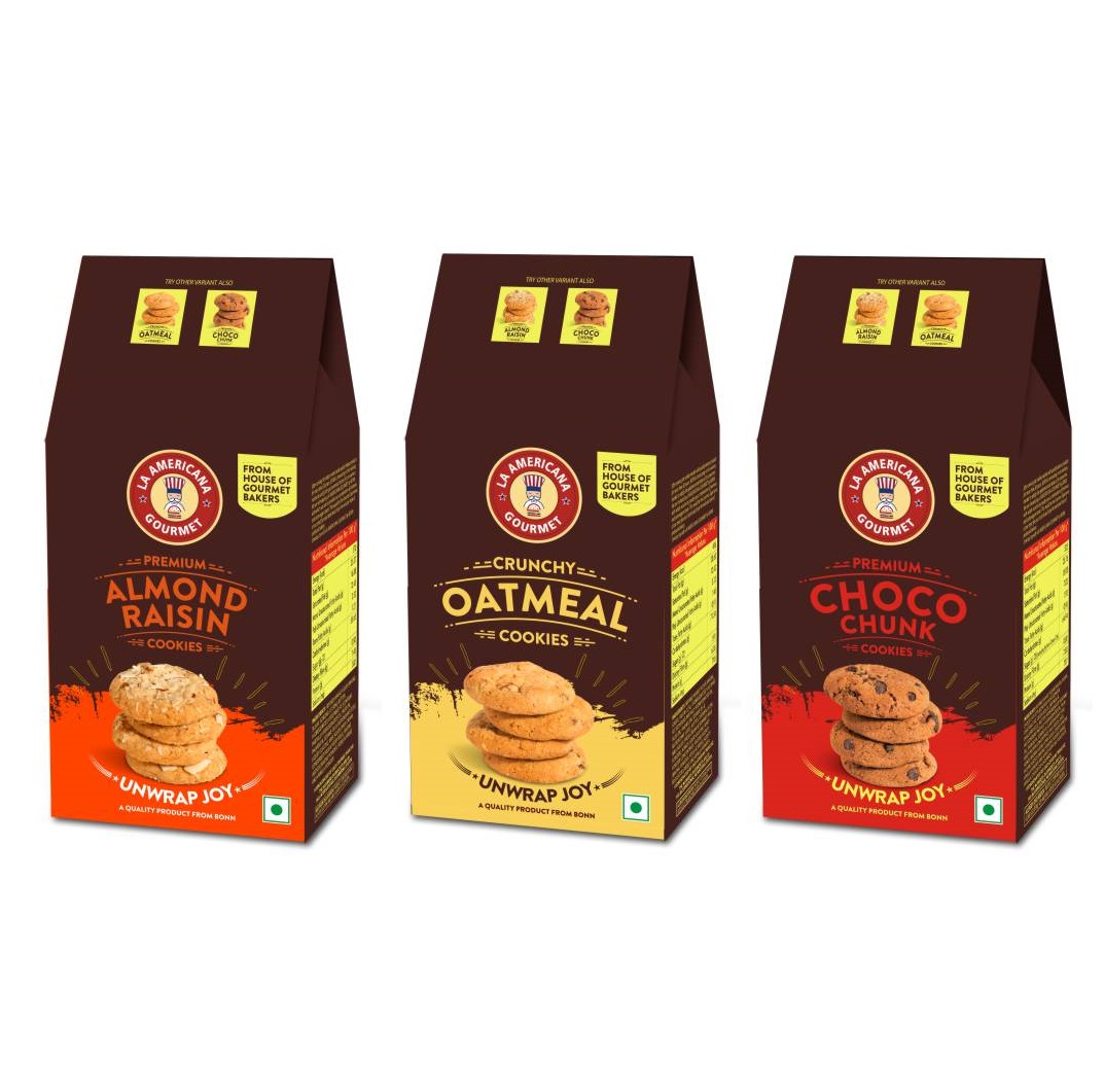 LA Americana Cookies Assorted Pack Almond Raisin, Oatmeal, Choco chunk Cookies 100 g Each