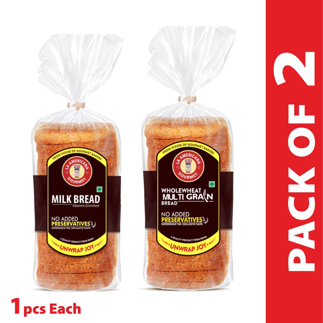 La Americana MILK BREAD 350g, and La Americana Wholewheat MULTIGRAIN BREAD 350g, (Pack of 1 each)