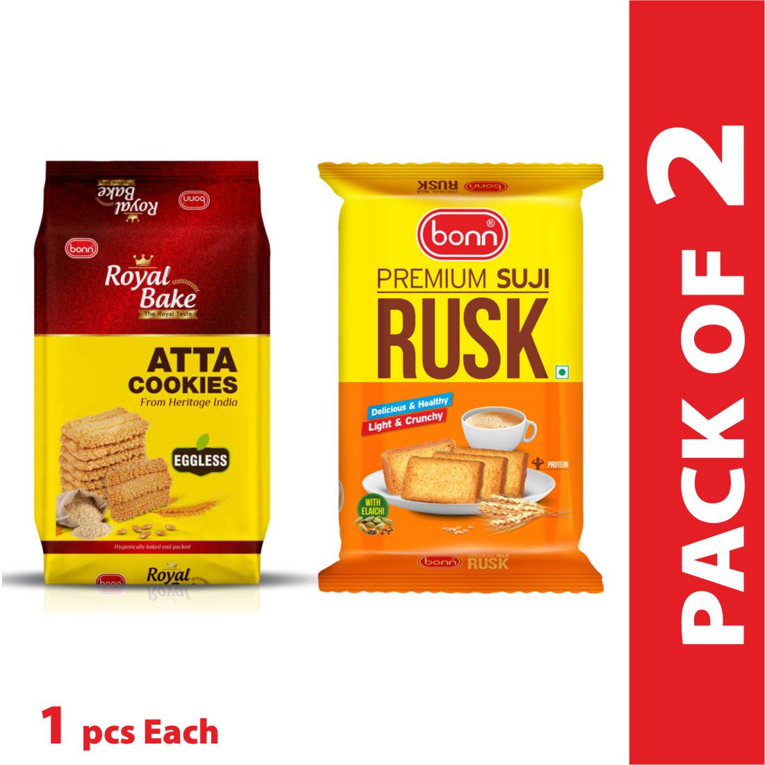 Tea time delights combo pack (Suji Rusk 275g and Royal Bake Atta Cookies 400g)