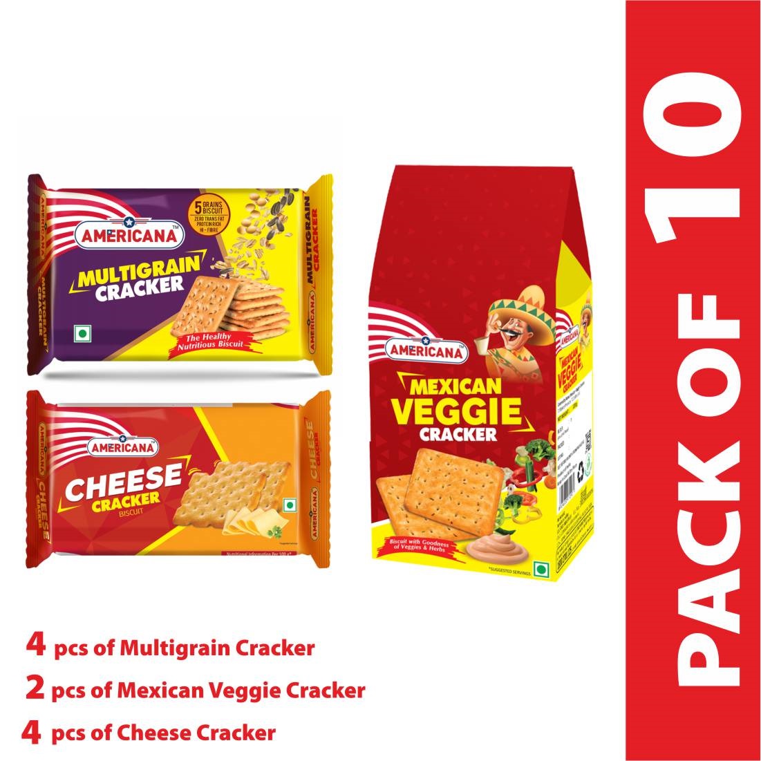 Americana mix crispy crackers (2 pack of Mexican Veggie Cracker 120g and 4 pack each of  Multigrain Cracker 66g and Cheese Cracker 70g)