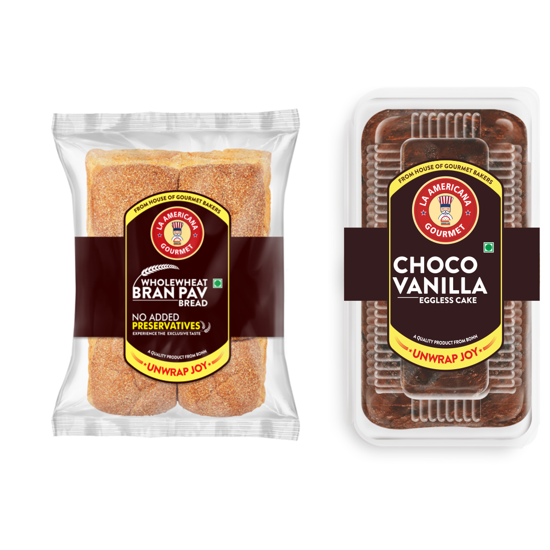 LA Americana Wholewheat Bran Pav Bread 250g (2 Packs) and Eggless Choco Vanilla Cake 200g (1 Pack)