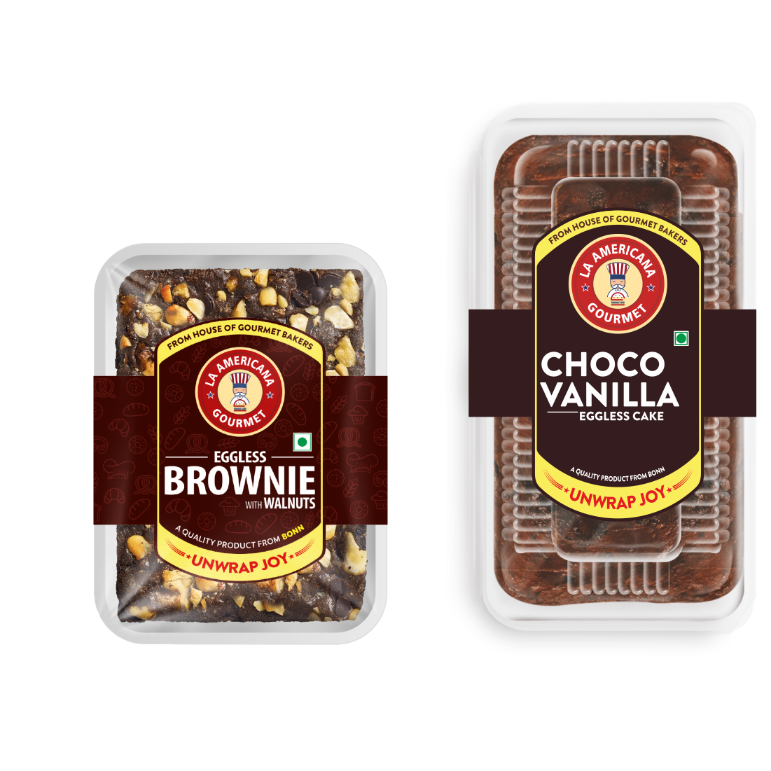 LA Americana Eggless Walnut Brownie 70g and Eggless Choco Vanilla Cake 200g (2 Packs Each)