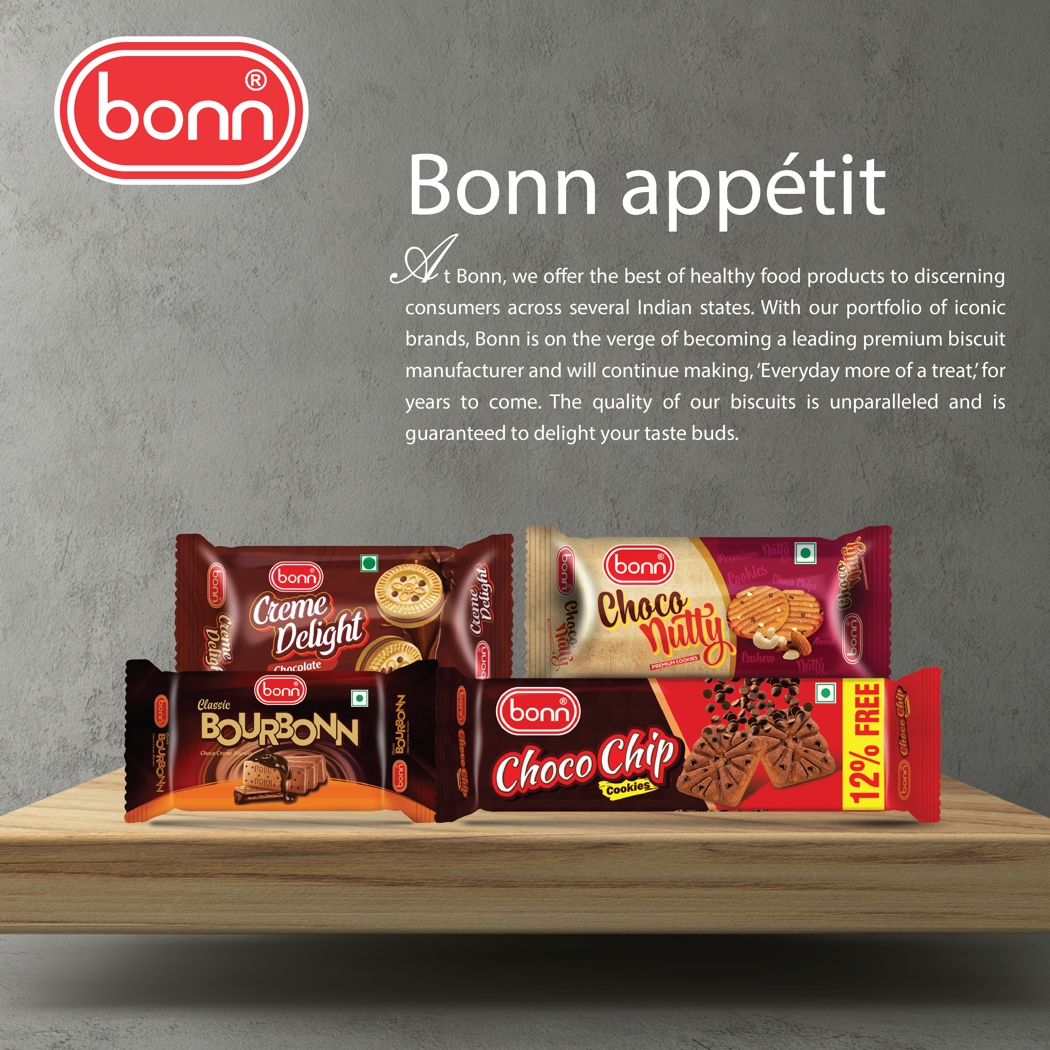 Bonn Chocolaty Biscuits Combo pack (Chocolate Creme 76g, Choco nutty 50g, Bonn Bourbonn Cream 75g and Bonn Chocochip cookies 75g) 4 Pack Each