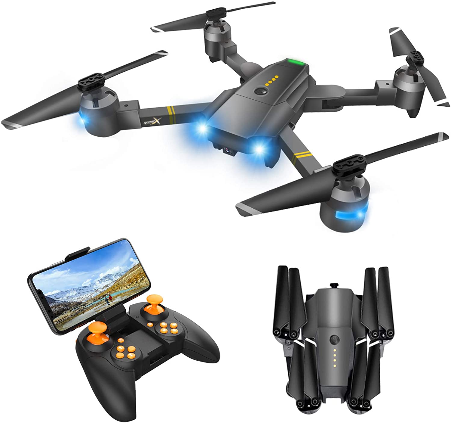 Drone con cámara para adultos – Quadcopter RC gran angular para principiantes, FPV Vídeo en vivo, Altitude Hold, Modo sin cabeza, 3 velocidades ajusta