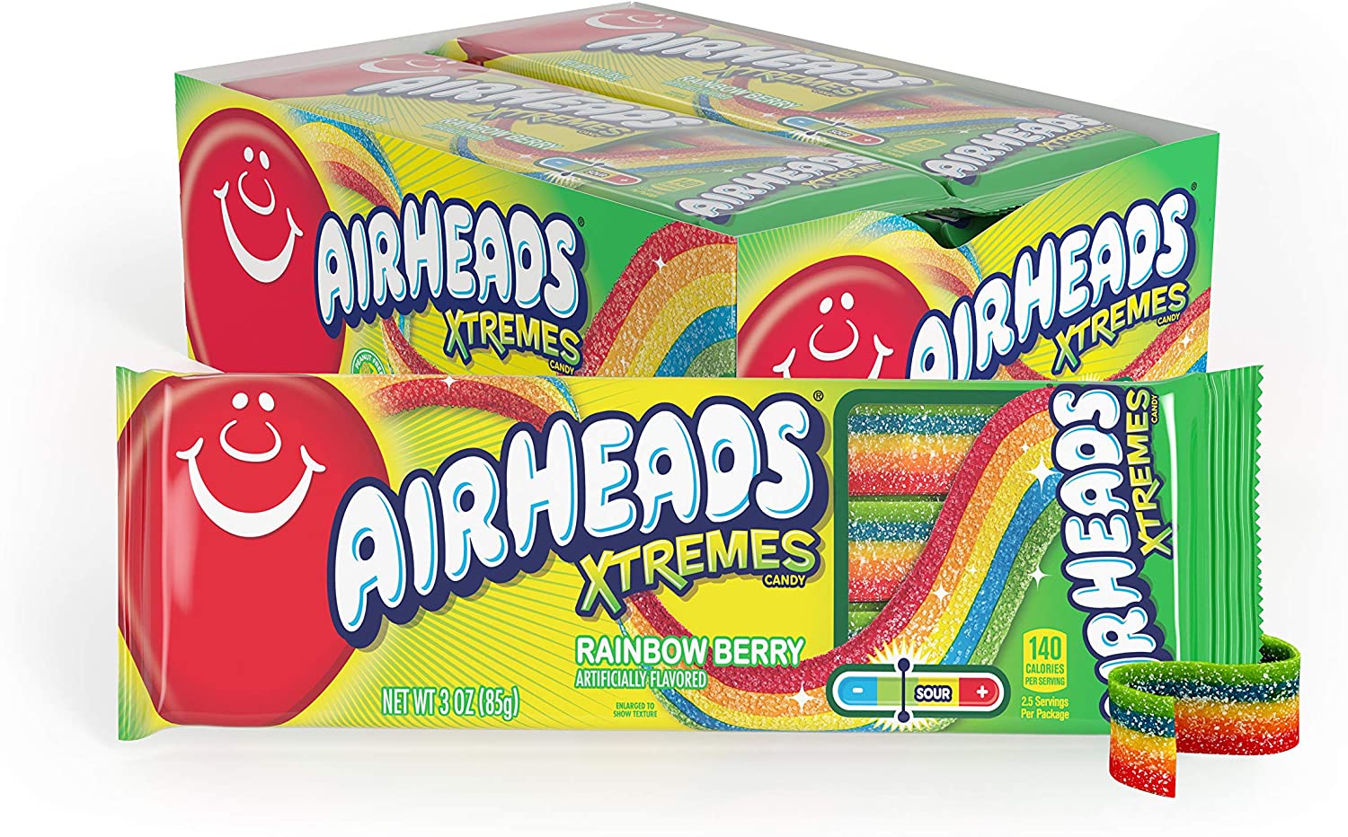 Airheads Xtremes Cinturones Dulces Agriegos, Halloween Treat, Rainbow Berry, no se derrita, cine a granel y bolsa de fiesta, 3 oz (paquete de 12)