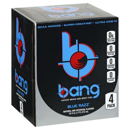 Bang Blue Razz Energy Drink with Super Creatine, 16 oz Cans, 4 Pack