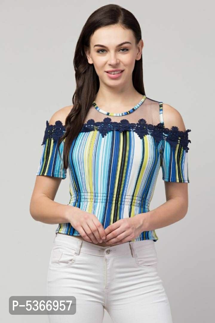 Tops Crop Cold Shoulder Lace Design stripe Multicolor