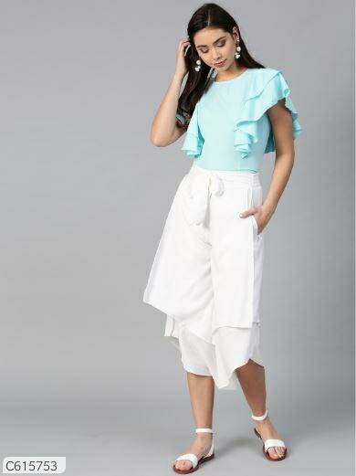Bitterlime Women Crepe Layered Solid Top & Culottes Set