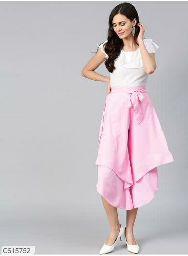 Bitterlime Women Crepe Layered Solid Top & Culottes Set