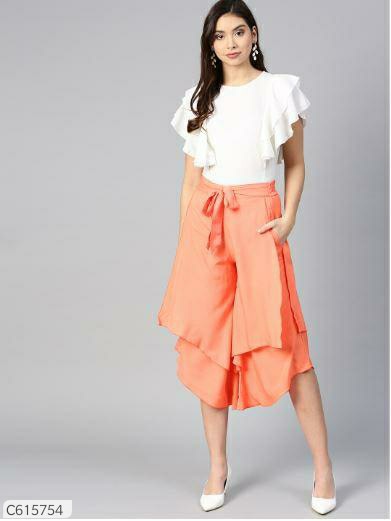Bitterlime Women Crepe Layered Solid Top & Culottes Set