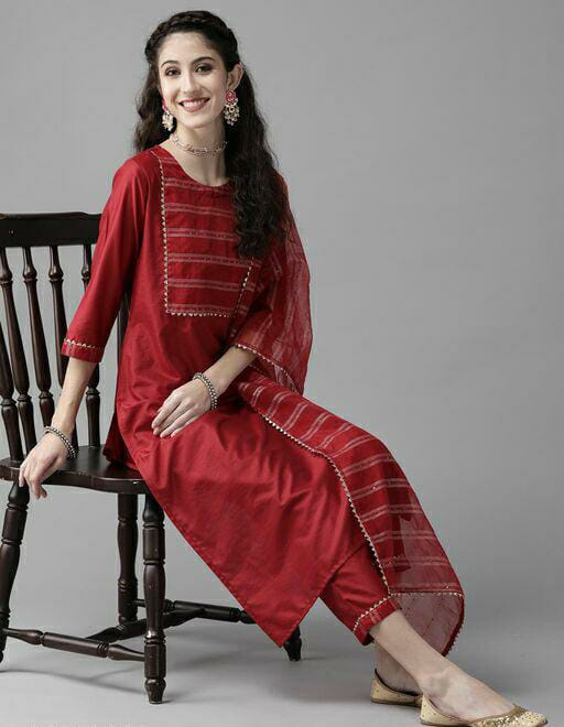 Solid Straight Kurta Trouser With Dupatta Sets 