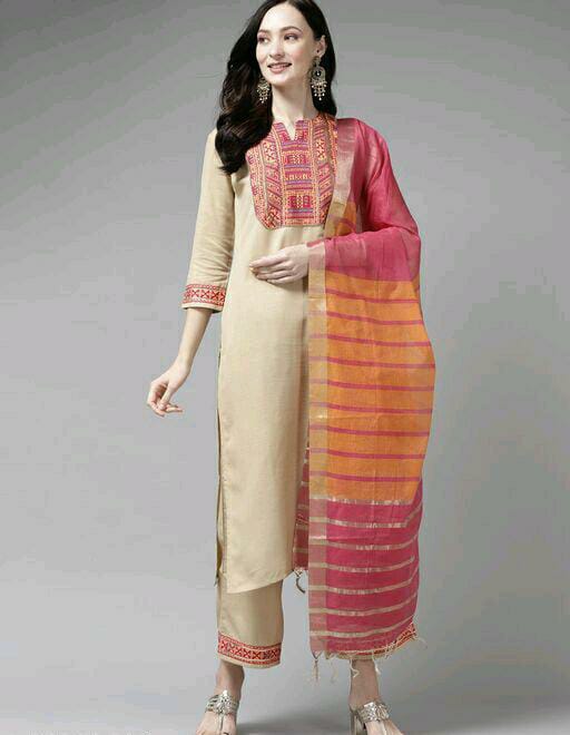 Solid Straight Kurta Trouser With Dupatta Sets  