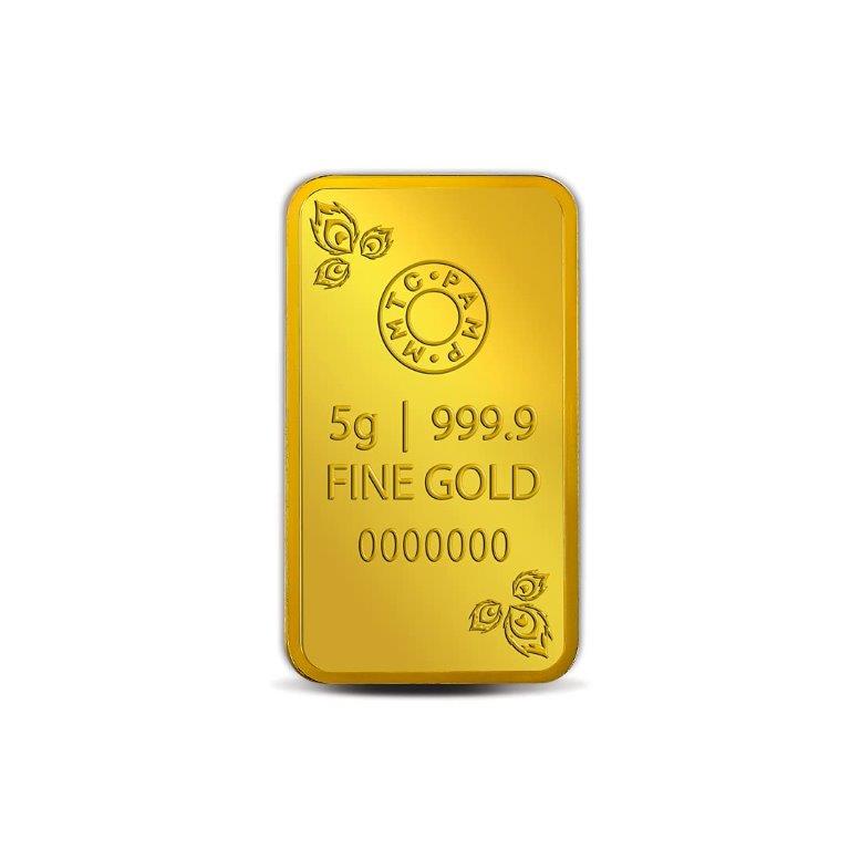 MMTC-PAMP 24k (999.9) 5 gm Peacock Yellow Gold Bar