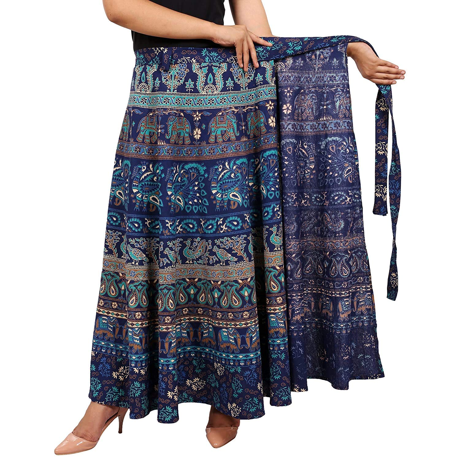 EIRSON Cotton Women's Long Wrap Around Skirt Jaipuri Printed (Free Size Upto 44-XXL) (Blue);