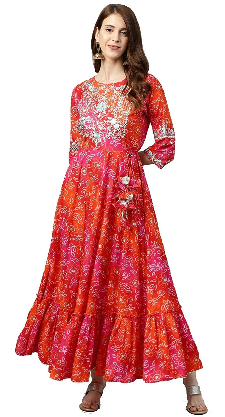 rytras Women's Cotton Printed Anarkali Embroidery Kurti(Red & Orange)