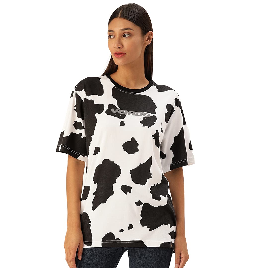 Veirdo Cotton Half Sleeve Oversized Cow & Zebra Printed T-Shirt for Women/Girls