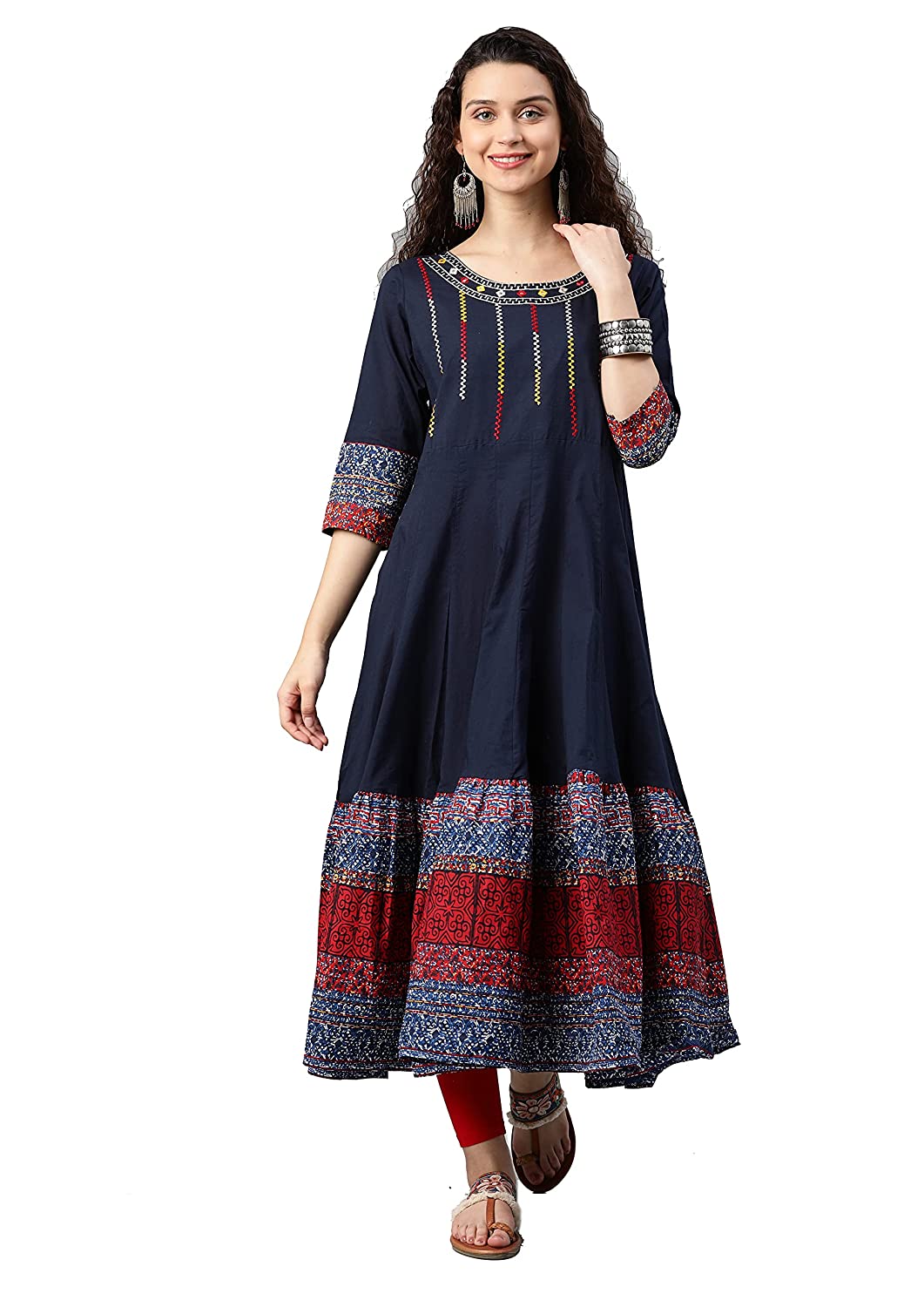 Yash Gallery Women's Cotton Embroidered Anarkali Kurta (Blue)