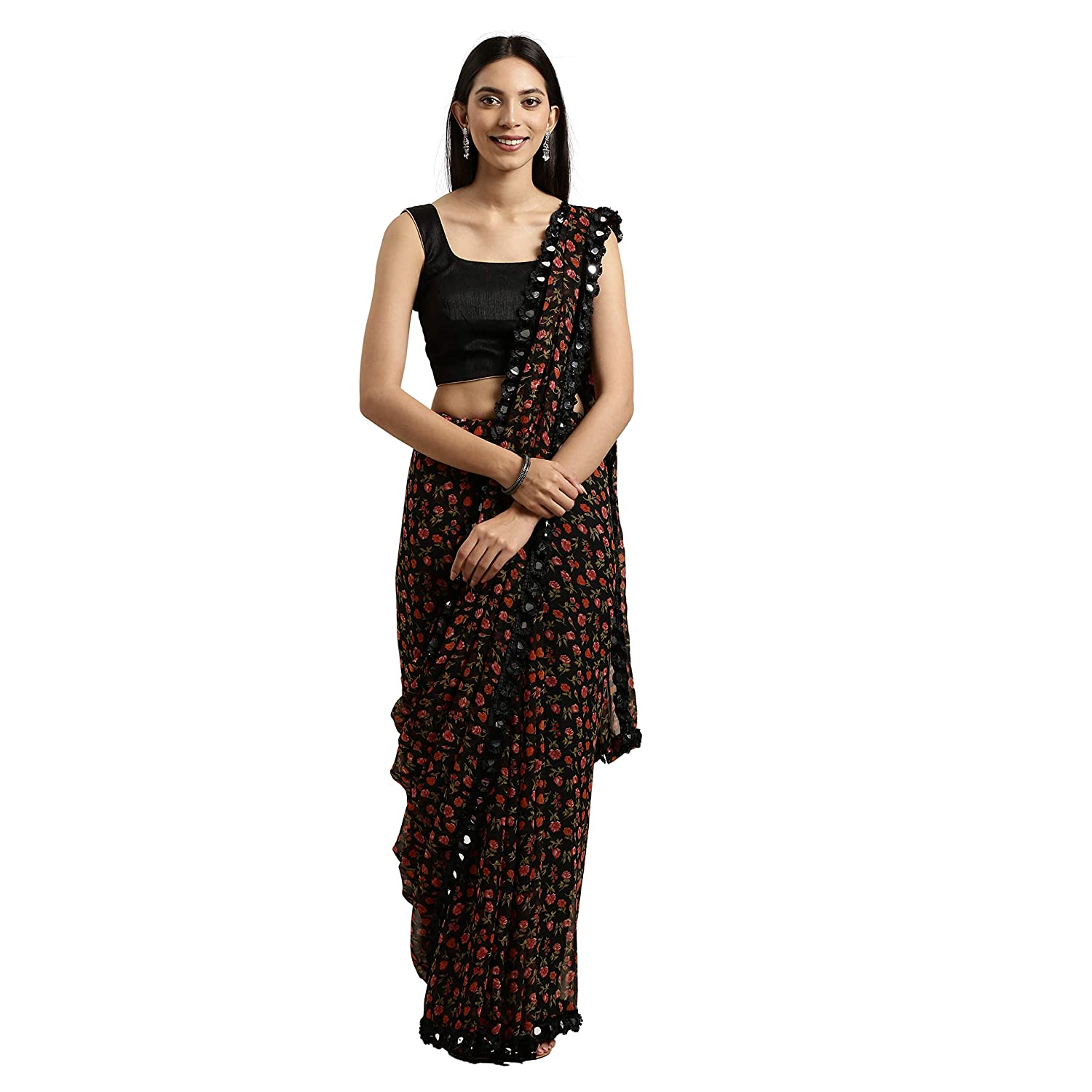 Womanista Women's Georgette Saree with Blouse (TKIM811_Black_Free Size_Black)