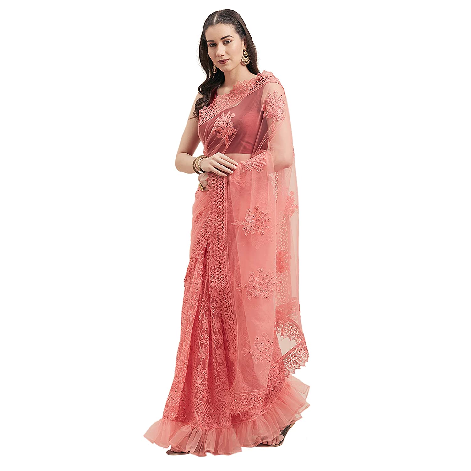 Womanista Women's Embroidered Net Saree With Blouse (TI1226_Pink_Onesize_Pink)