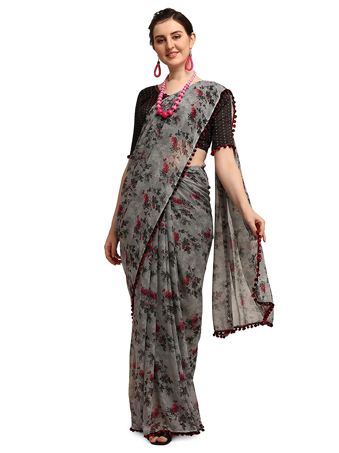 Womanista Women's Georgette Sarees (TI2512_Grey & Pink)