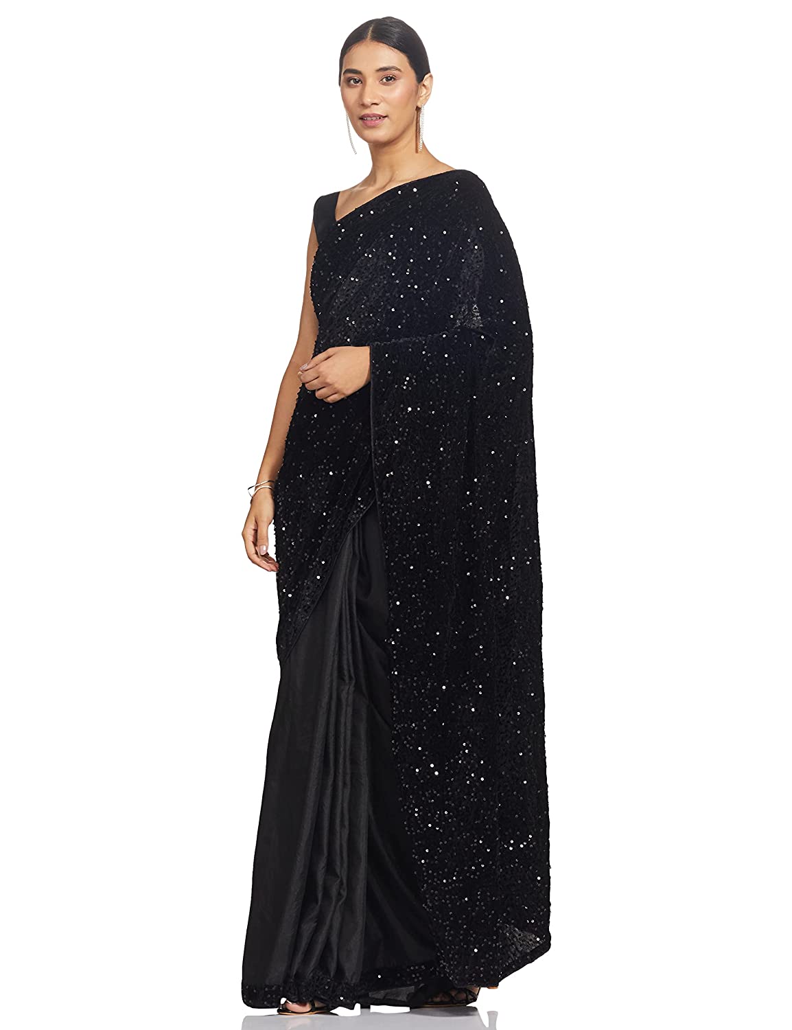 Womanista Women's Black Velvet & Crepe Half Half Sequinns Saree(TI2200_Black_Onesize)