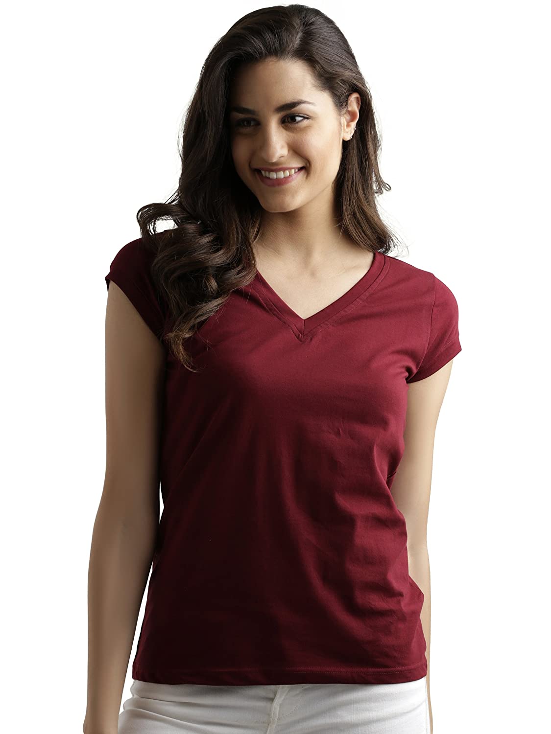 Miss Chase Women's Maroon Super Soft V-Neck Short Sleeves Cotton Solid Regular Fit T-Shirt