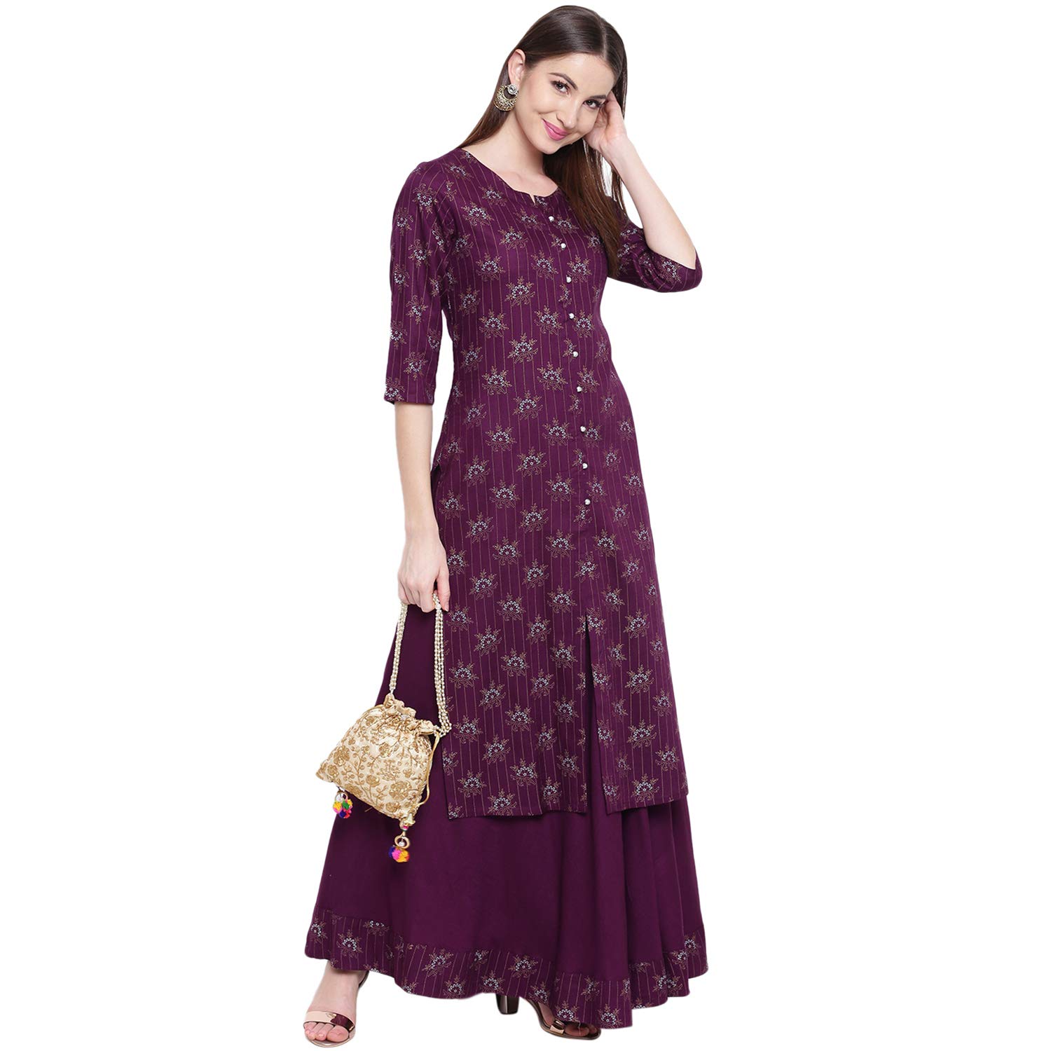 Khushal K Women's Rayon Printed Kurta With Skirt Set (Purple)