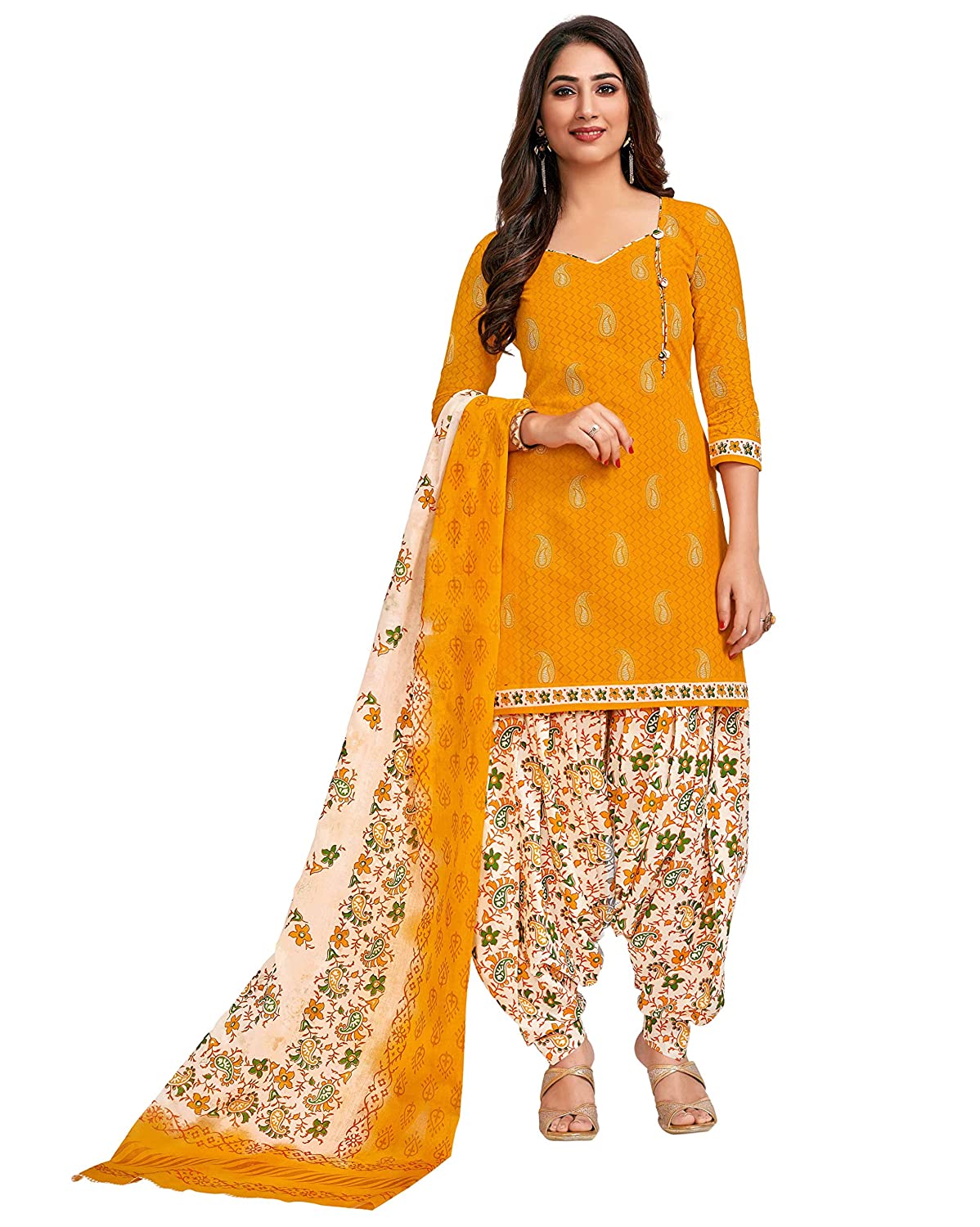 Miraan Cotton Printed Readymade Salwar Suit For Women(MIRAANSG118, Yellow)