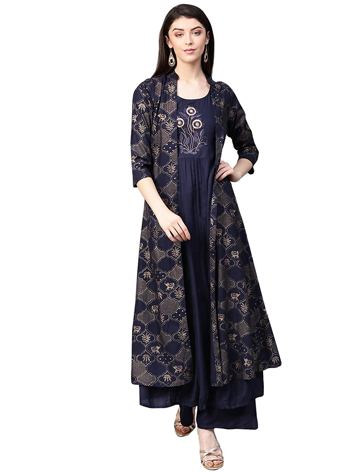 Ishin Women's Rayon Navy Blue Embroidered Anarkali Kurta Palazzo Set With Jacket