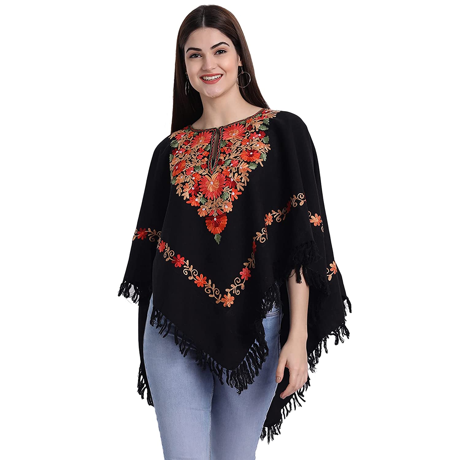 Zamour's Kashmiri Women's Wool Poncho Shrug Top Embroidery with Silk Lining