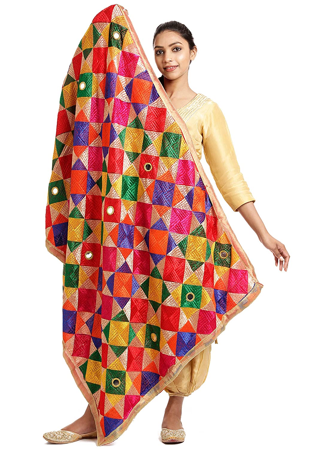 The Home Factory Women's Chiffon Phulkari Dupatta with Mirror Work (Fancy_Multicolour_Fulkari_Chunni_Free_Size_THF221)