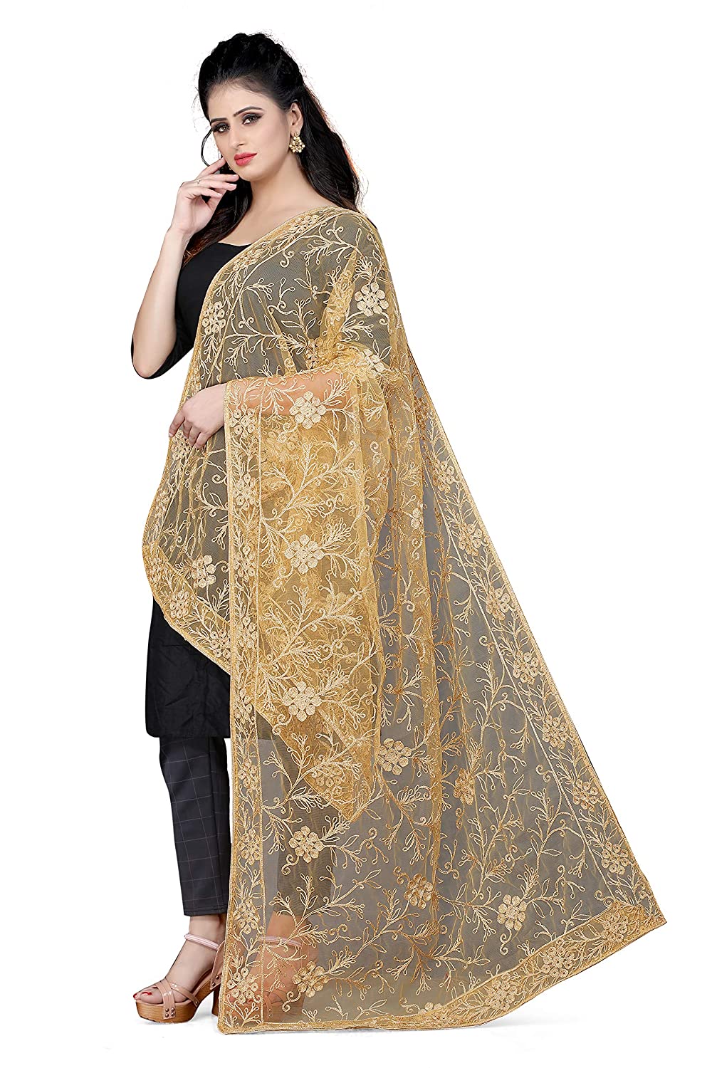 R R Fashion Gold Mono Net Embroidered aari floral Heavy Work along with Laced borders (Golden Dupatta women- 019)