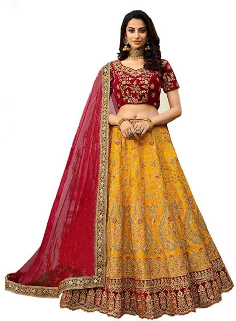 Lehenga Style Women's Silk Semi-Stitched Lehenga Choli (Yellow_Free Size)