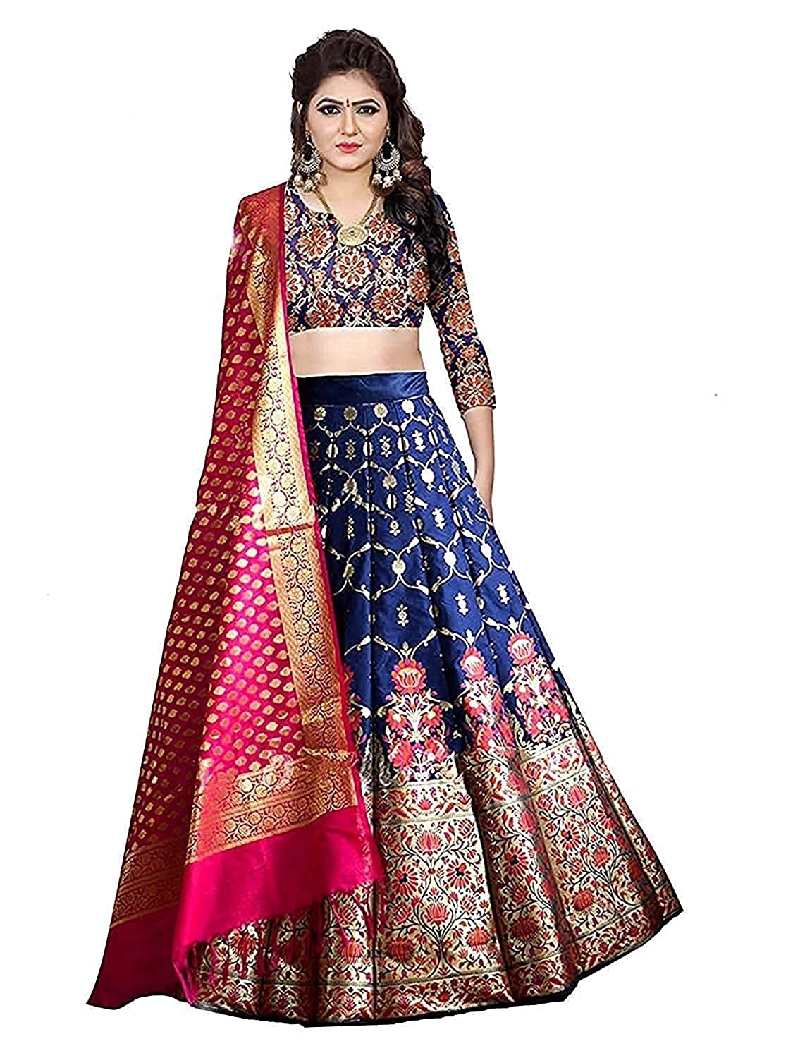 Pujia Mills Women's Jacquard Semi-Stitched Lehenga Choli