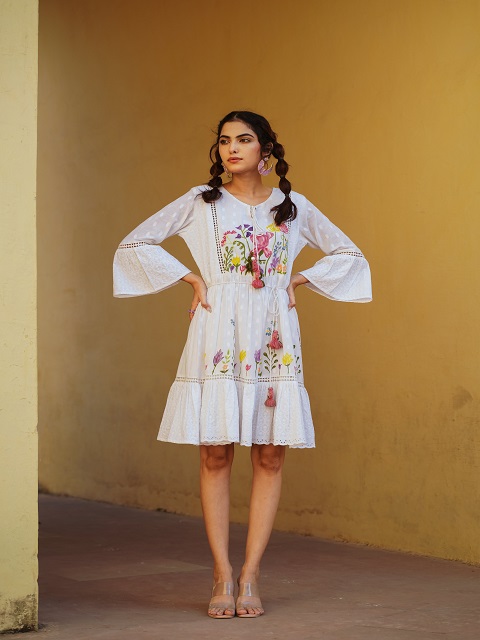 Tussah White Cotton  embellished Tunic