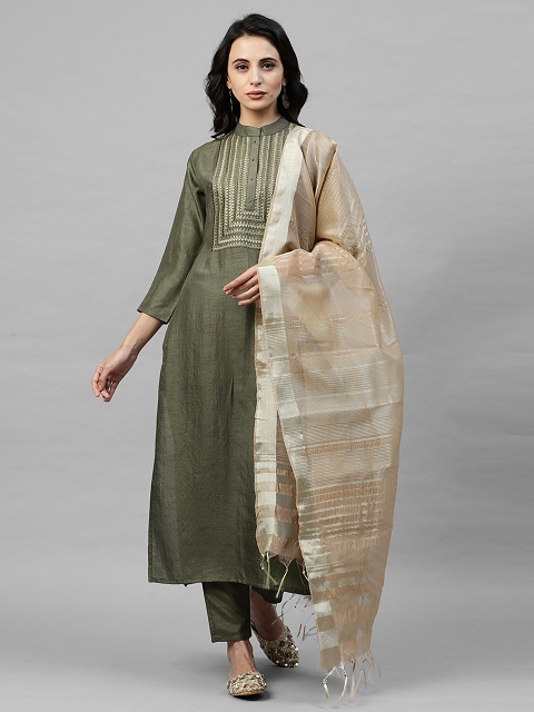 Tussah Cotton Blend Green Kurta and Trousers Set