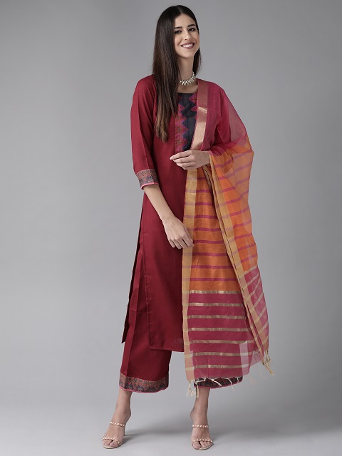 Tussah Maroon Solid Straight Kurta Palazzo With Dupatta