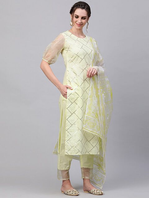 Tussah Yellow Embroidered Straight Kurta Trouser with Dupatta